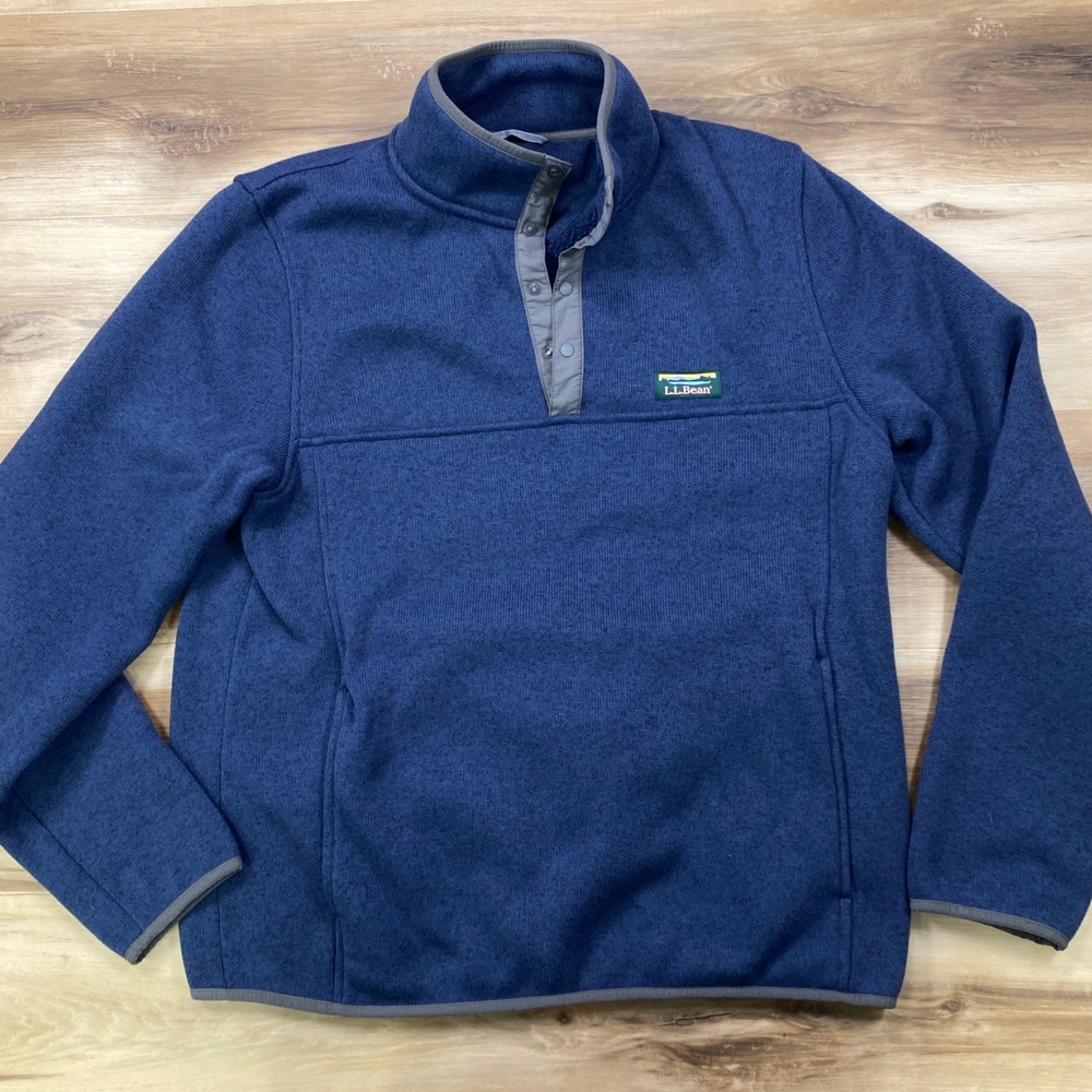 LL Bean Sweater Fleece Mens Medium Blue Snap Pullover Heritage Outdoor Classic